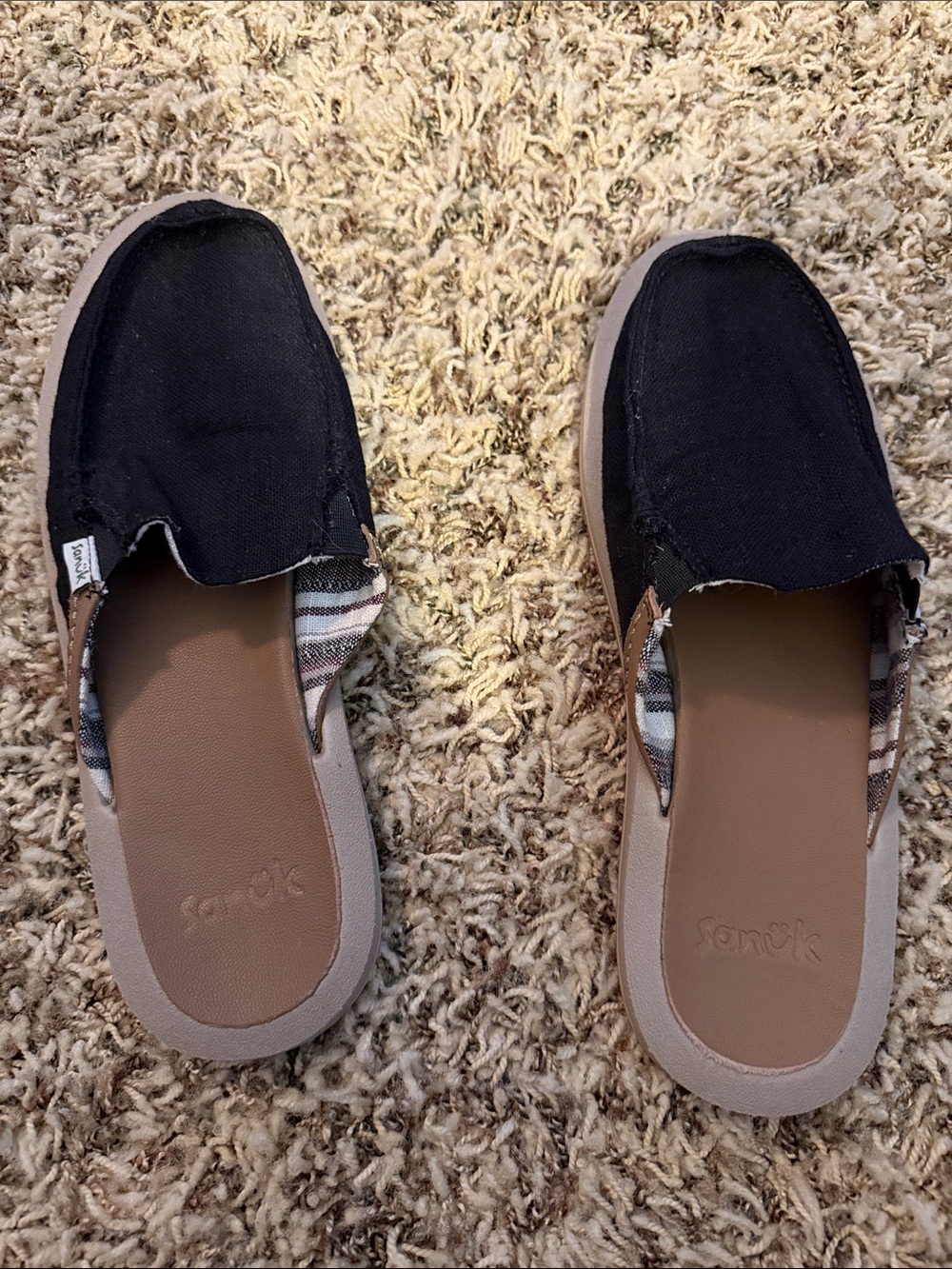 Sanuk Black Canvas Slide Mule with Tan Footbed